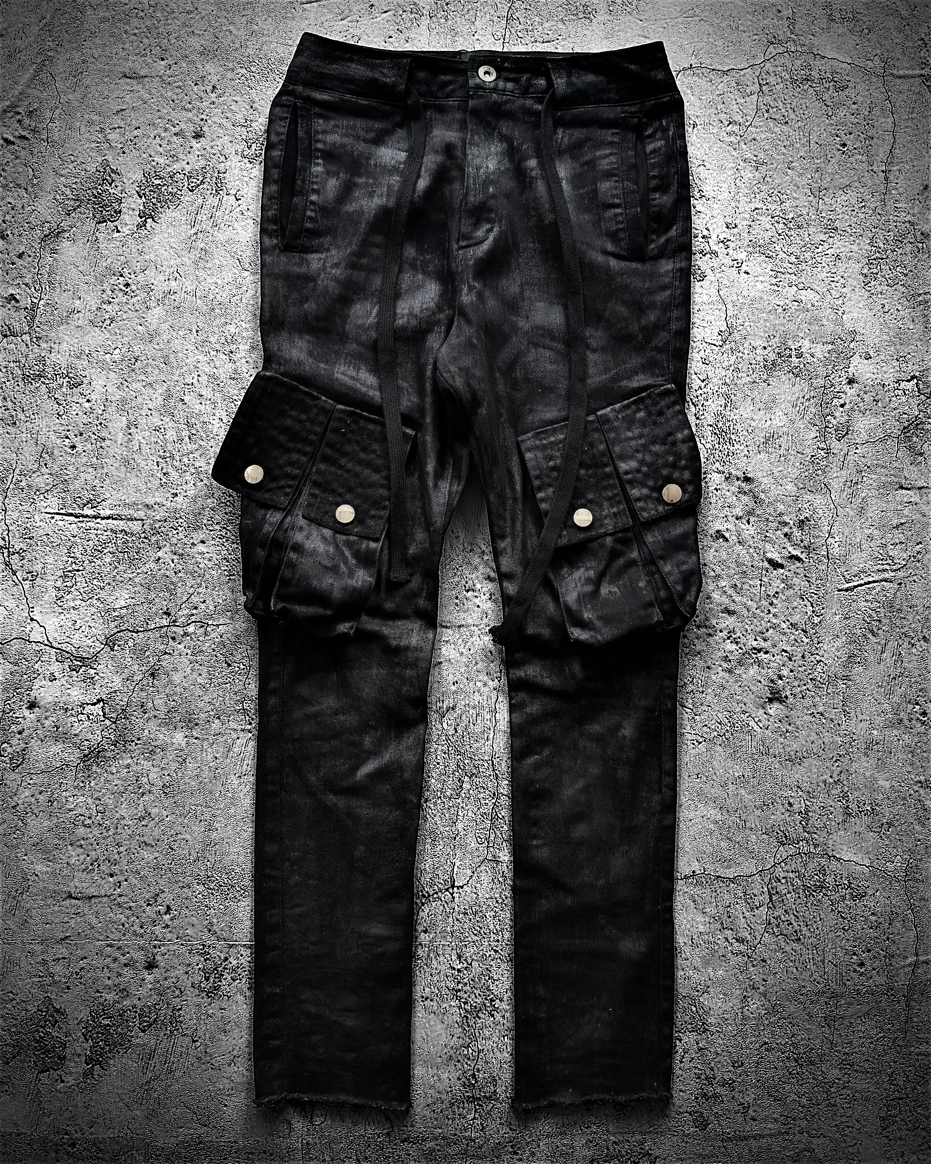RICH Black Waxed Multi-Pocket Slim Cargo Trousers with Drawstring